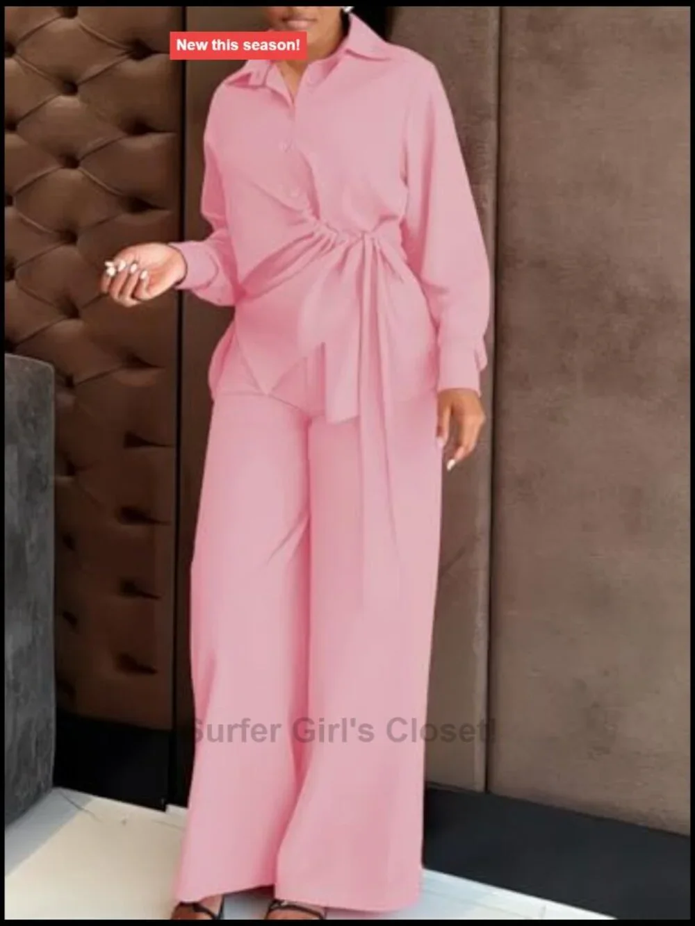 Button Down Drawstring Shirt and Wide Leg Pants Matching Set